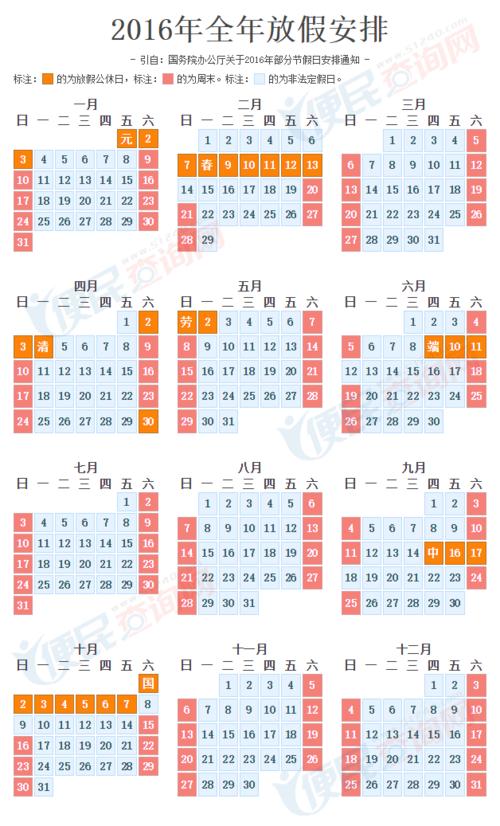 2016年放假安排时间表
