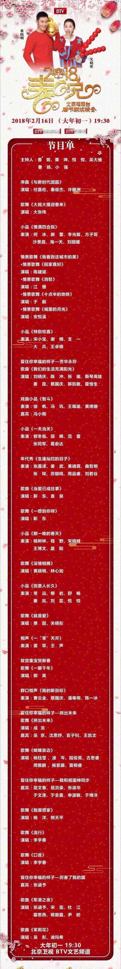 谁能提供下今年东方卫视春晚的节目表？
