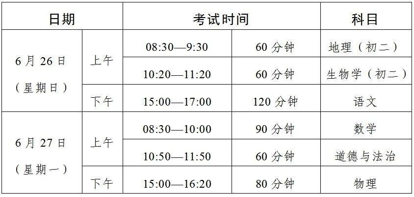 2022年中考时间